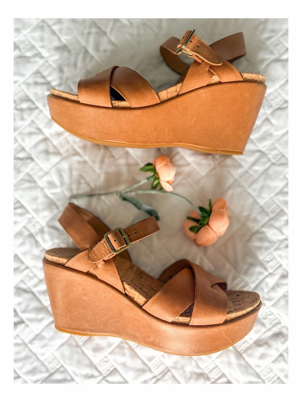 Kork-Ease Leather Platform Wedge Sandals Tan Cognac Cork Women’s Size 7 M
